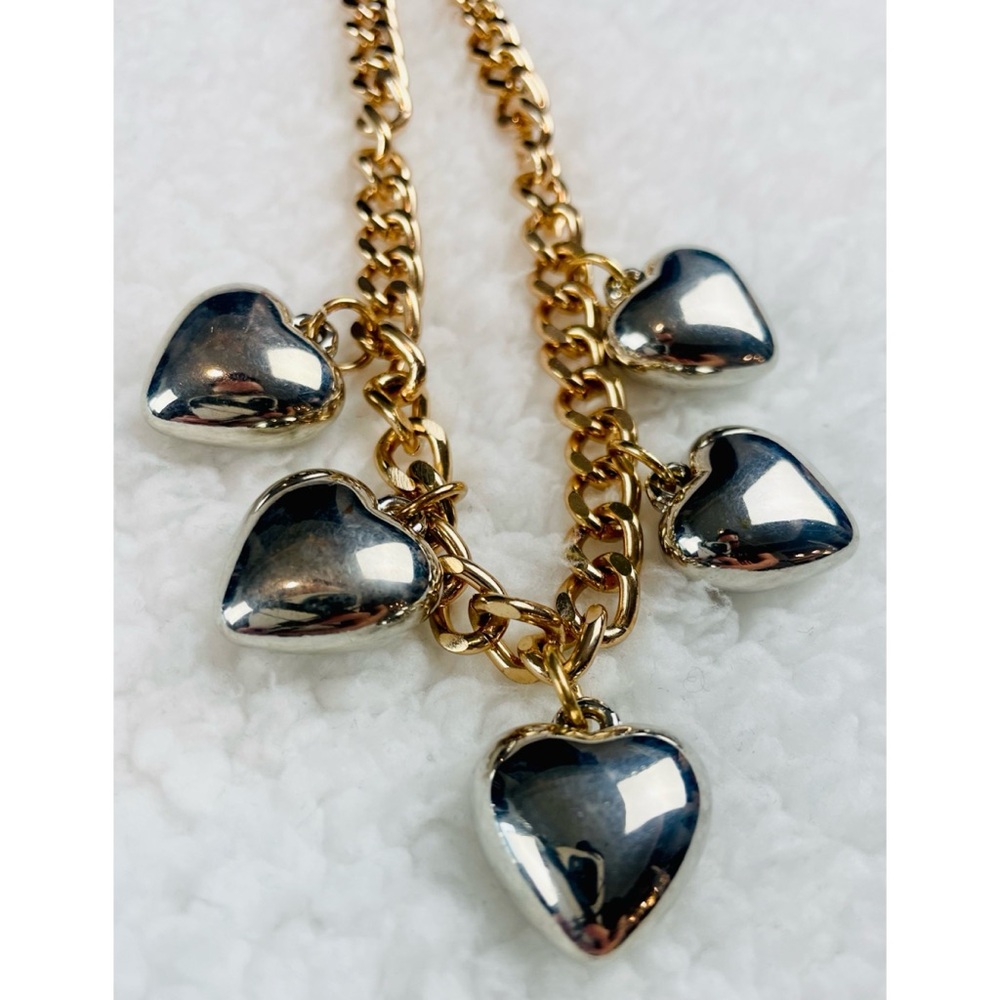 (NWT) UO • Gold/Silver Two-Toned Puffed Heart Pendant Chain Link Choker Necklace - Picture 4 of 9
